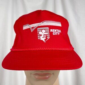 Vintage 90s Rental City Adult OS Red White Retro Logo Rope Snapback Hat Cap